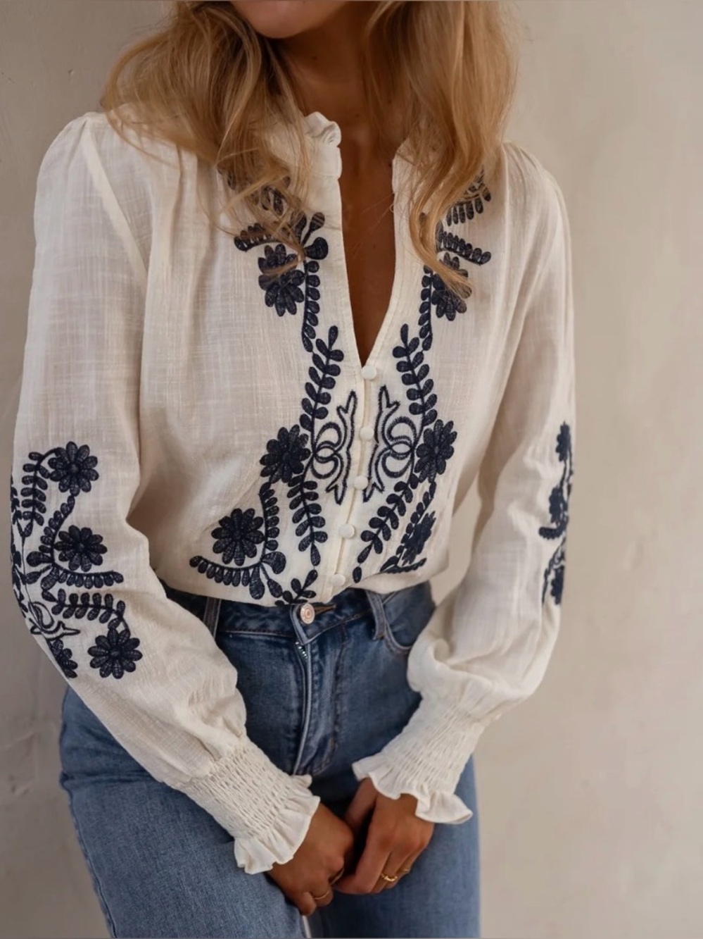 Ecru and Blue Embroidered Salome Blouse